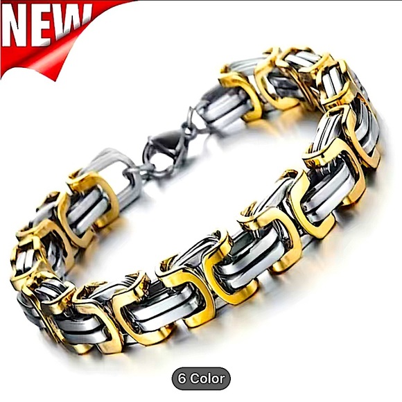 STAINLESS STEEL BYZANTINE MECHANIC SILVER GOLD BIKER BRACELET - Picture 2 of 6